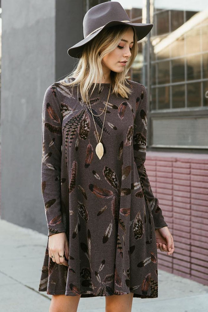BY220210-17 Coffee Feather Graphic Pocket Tunic Dress
